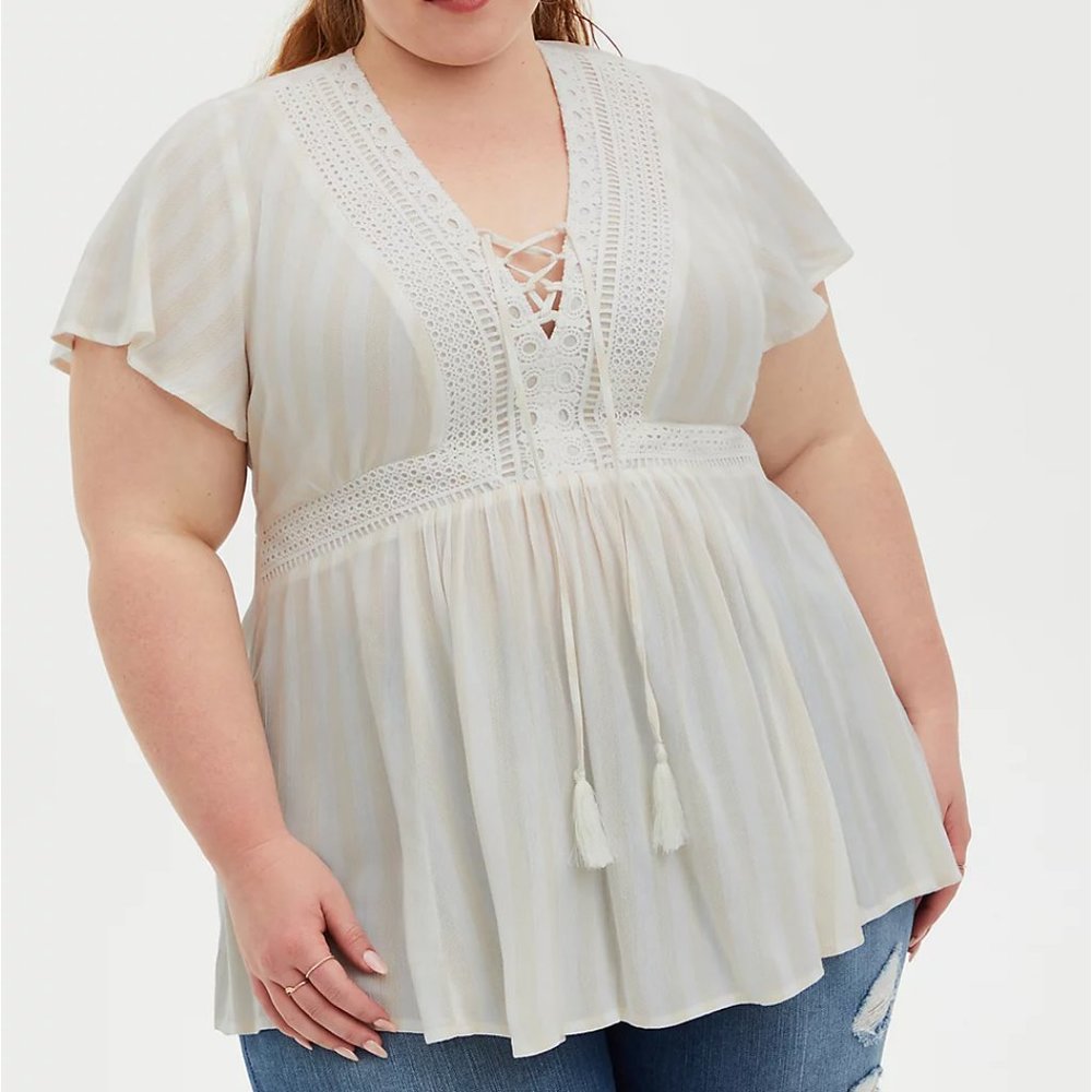 TORRID I CRINKLE GAUZE BABYDOLL TOP - TAN STRIPE